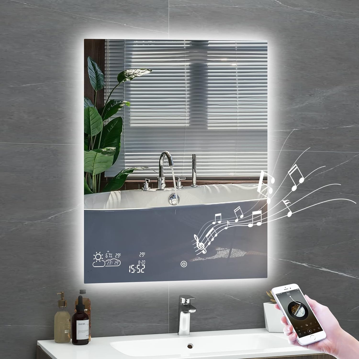 24” X 32” Smart Bathroom Mirror with Bluetooth Wi-Fi Enabled Weather Display, Fog Free, LED Light Vanity Mirror Backlit Frameless Lighted Touch Sensor Makeup for Wall - Vertically Hang Only